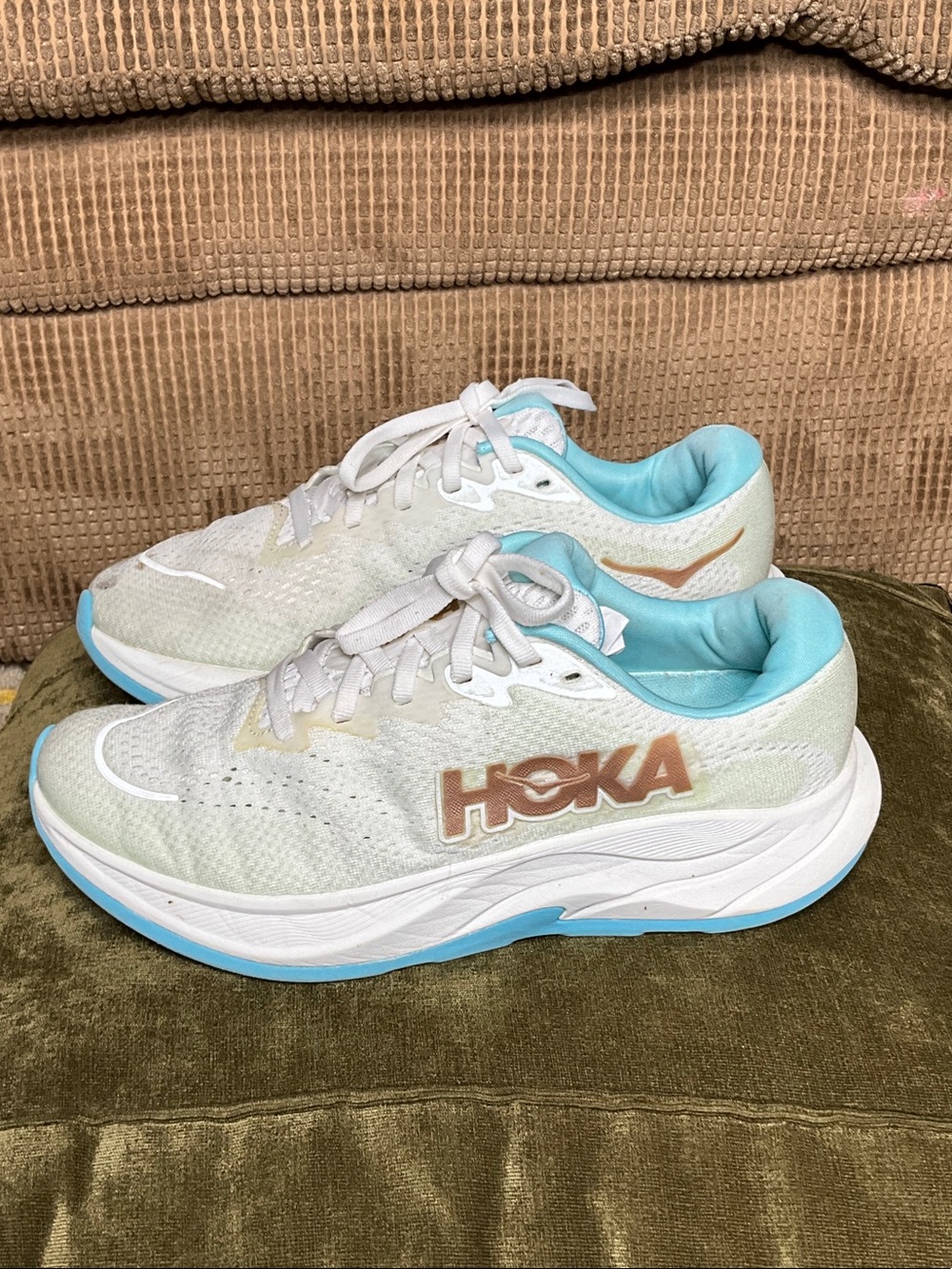 Hoka Women's White & Light Blue Running Sneakers with Coral Logo size7.B